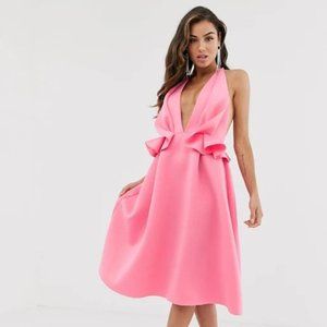 ASOS pink halter ruffle scuba skater dress